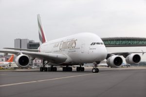 Emirates A380 taxiing to gate at London Gatwick