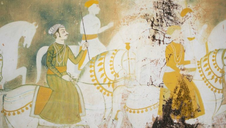 a painting of a man riding a horse next to a woman