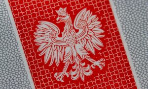 a close up of a red and white paper with a bird on it