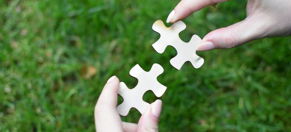 a person holding a piece of a puzzle in their hands