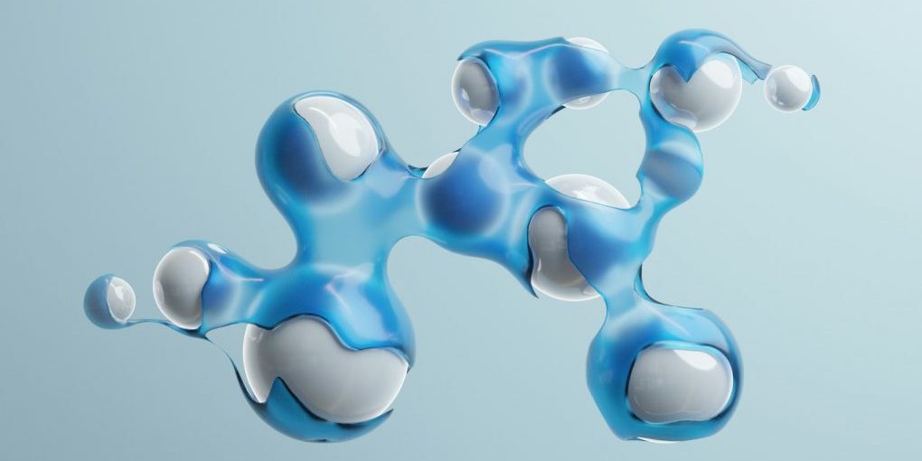 a blue and white object floating in the air