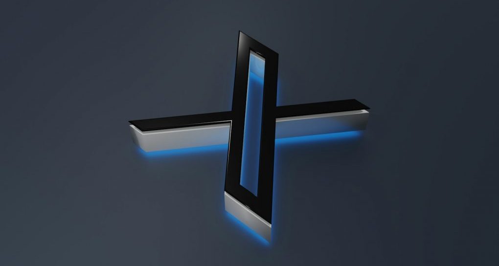 a black and white cross with blue lights